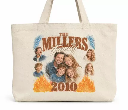 Custom Family Bootleg Tote Bag with Your Photos, Personalized Surname Canvas Tote, 90s Rap Tee Style Family Photo Collage Tote | Trinmama image 2