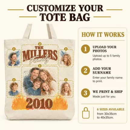 Custom Family Bootleg Tote Bag with Your Photos, Personalized Surname Canvas Tote, 90s Rap Tee Style Family Photo Collage Tote | Trinmama image 6