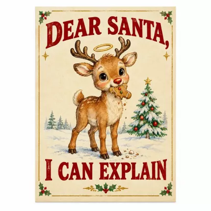 Dear Santa I Can Explain Wall Art Print, Funny Reindeer Holiday Decor, Christmas Poster