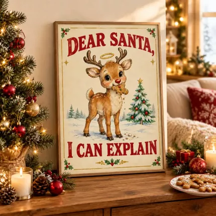Dear Santa I Can Explain Wall Art Print, Funny Reindeer Holiday Decor, Christmas Poster image 3