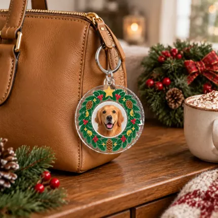 Custom Pet Photo Christmas Keychain, Personalized Dog Cat Photo Acrylic Charm, Holiday Gift for Pet Lovers image 2