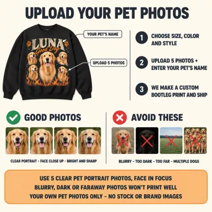 Custom Pet Bootleg Sweatshirt with Your Photos, Personalized Dog Hoodie with Pet Name, 90s Rap Tee Style Cat Photo Collage Sweatshirt | Trinmama image 5