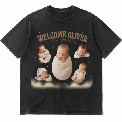 Custom Newborn Bootleg Tee with Baby Photos, Personalized Welcome Baby Shirt with Name and Birth Date, 90s Bootleg-Style New Baby T-Shirt | Trinmama