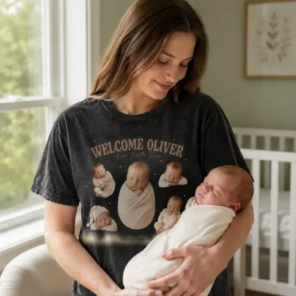 Custom Newborn Bootleg Tee with Baby Photos, Personalized Welcome Baby Shirt with Name and Birth Date, 90s Bootleg-Style New Baby T-Shirt | Trinmama image 2
