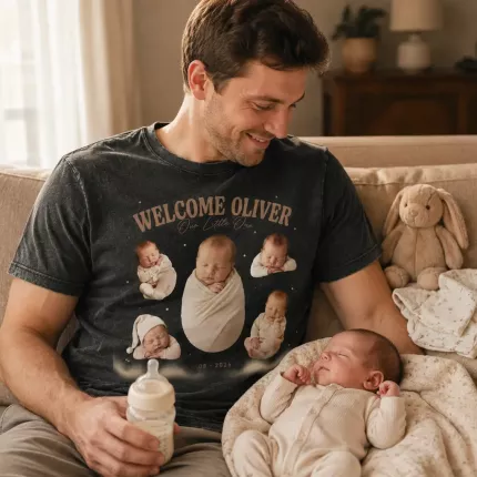 Custom Newborn Bootleg Tee with Baby Photos, Personalized Welcome Baby Shirt with Name and Birth Date, 90s Bootleg-Style New Baby T-Shirt | Trinmama image 3