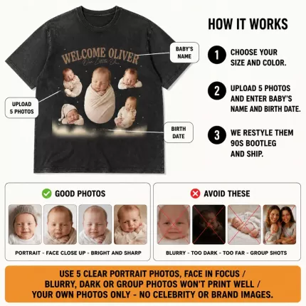 Custom Newborn Bootleg Tee with Baby Photos, Personalized Welcome Baby Shirt with Name and Birth Date, 90s Bootleg-Style New Baby T-Shirt | Trinmama image 7