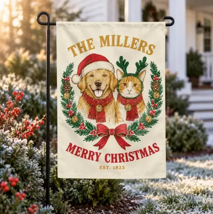 Personalized Pet Christmas Garden Flag, Custom Family Name Dog Cat Holiday Yard Decor, Est. Year Christmas Flag | Trinmama image 2