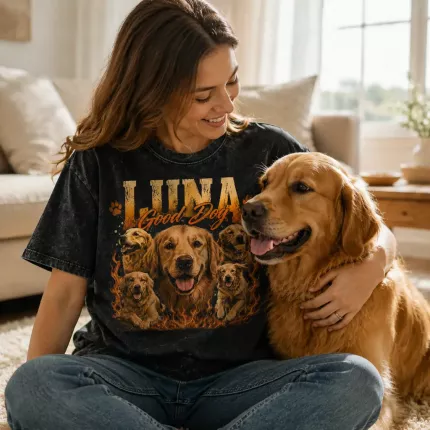 Custom Pet Photo Bootleg Tee with Your Dog's Pictures, Personalized Dog Shirt with Their Name, 90s Bootleg-Style Pet Portrait T-Shirt | Trinmama image 2