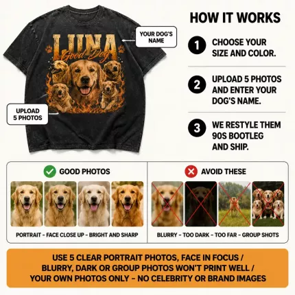 Custom Pet Photo Bootleg Tee with Your Dog's Pictures, Personalized Dog Shirt with Their Name, 90s Bootleg-Style Pet Portrait T-Shirt | Trinmama image 7