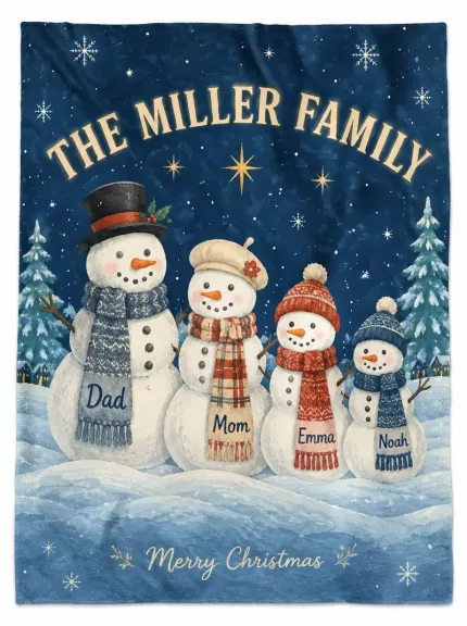Personalized Snowman Family Christmas Blanket - Custom Family Name and Member Names Fleece Throw image 1