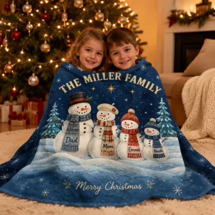 Personalized Snowman Family Christmas Blanket - Custom Family Name and Member Names Fleece Throw image 2