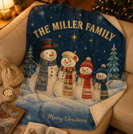 Personalized Snowman Family Christmas Blanket - Custom Family Name and Member Names Fleece Throw image 3