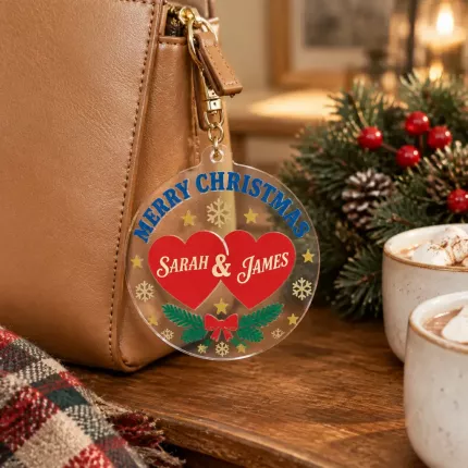 Custom Couple Christmas Keychain, Personalized Two Names Acrylic Charm, Holiday Gift for Couples image 2