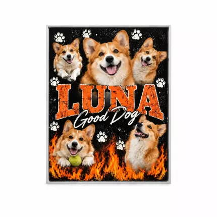 Custom Pet Bootleg Picture Frame, Personalized Dog Photo Name Canvas Print, 90s Style Pet Photo Collage Wall Art, Orange Vintage Lettering | Trinmama image 1
