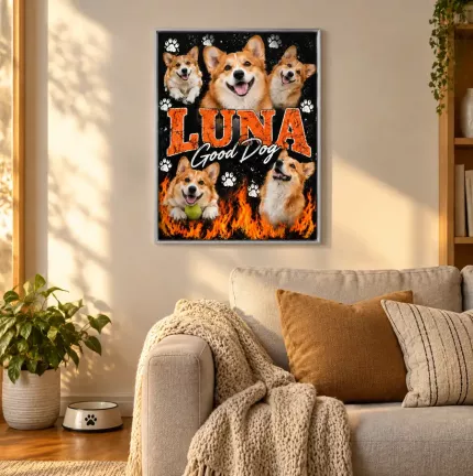 Custom Pet Bootleg Picture Frame, Personalized Dog Photo Name Canvas Print, 90s Style Pet Photo Collage Wall Art, Orange Vintage Lettering | Trinmama image 2
