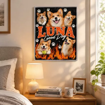 Custom Pet Bootleg Picture Frame, Personalized Dog Photo Name Canvas Print, 90s Style Pet Photo Collage Wall Art, Orange Vintage Lettering | Trinmama image 3