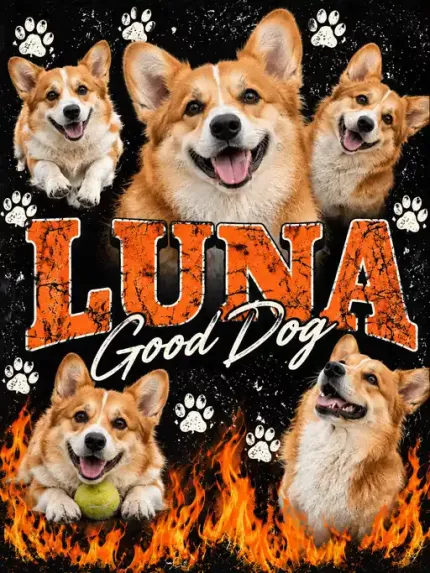 Custom Pet Bootleg Picture Frame, Personalized Dog Photo Name Canvas Print, 90s Style Pet Photo Collage Wall Art, Orange Vintage Lettering | Trinmama image 4