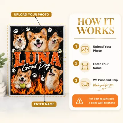 Custom Pet Bootleg Picture Frame, Personalized Dog Photo Name Canvas Print, 90s Style Pet Photo Collage Wall Art, Orange Vintage Lettering | Trinmama image 5