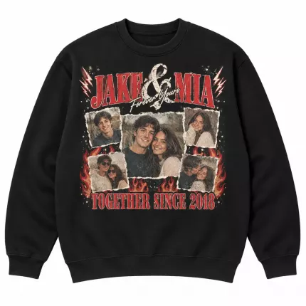 Custom Couple Bootleg Sweatshirt with Your Photos, Personalized Hoodie with Both Names and Year, 90s Rap Tee Style Couples Photo Collage Sweatshirt | Trinmama image 1
