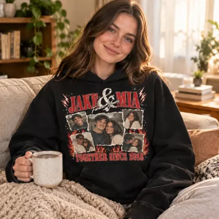 Custom Couple Bootleg Sweatshirt with Your Photos, Personalized Hoodie with Both Names and Year, 90s Rap Tee Style Couples Photo Collage Sweatshirt | Trinmama image 3