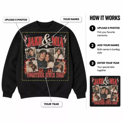 Custom Couple Bootleg Sweatshirt with Your Photos, Personalized Hoodie with Both Names and Year, 90s Rap Tee Style Couples Photo Collage Sweatshirt | Trinmama image 6
