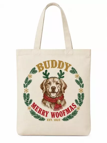 Personalized Dog Christmas Tote Bag, Custom Dog Name Reindeer Antler Canvas Bag, Dog Mom Gift | Trinmama image 1