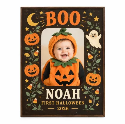 Personalized Baby's First Halloween Picture Frame, Custom Baby Photo Name Year Canvas Print, Vintage BOO Pumpkin Keepsake Gift