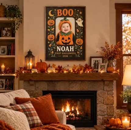 Personalized Baby's First Halloween Picture Frame, Custom Baby Photo Name Year Canvas Print, Vintage BOO Pumpkin Keepsake Gift image 2