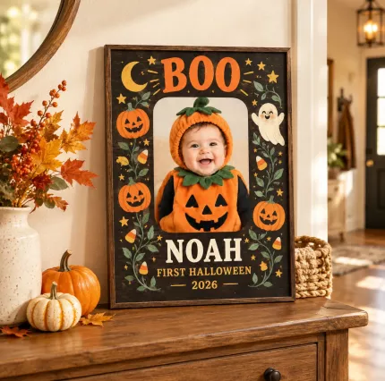 Personalized Baby's First Halloween Picture Frame, Custom Baby Photo Name Year Canvas Print, Vintage BOO Pumpkin Keepsake Gift image 3