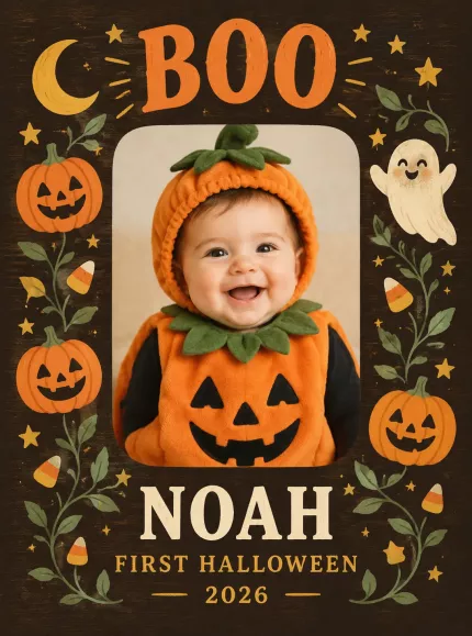 Personalized Baby's First Halloween Picture Frame, Custom Baby Photo Name Year Canvas Print, Vintage BOO Pumpkin Keepsake Gift image 4
