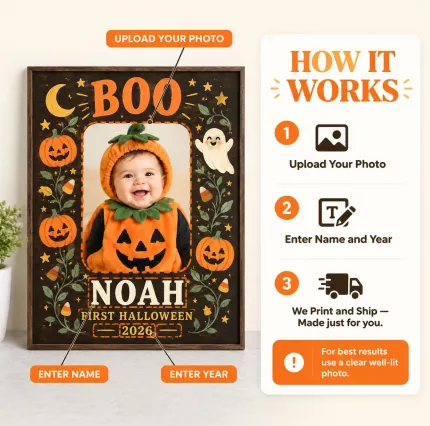 Personalized Baby's First Halloween Picture Frame, Custom Baby Photo Name Year Canvas Print, Vintage BOO Pumpkin Keepsake Gift image 5