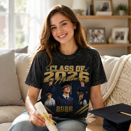 Custom Graduation Bootleg Tee with Your Photos, Personalized Class of 2026 Shirt with Name, 90s Bootleg-Style Varsity Graduation T-Shirt | Trinmama image 3