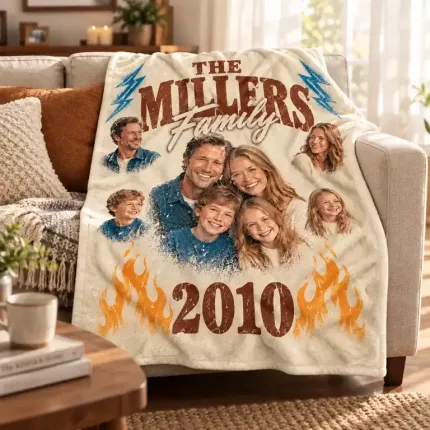 Custom Family Bootleg Fleece Blanket with Your Photos, Personalized Family Photo Collage Throw, 90s Rap Tee Style Family Blanket | Trinmama image 2