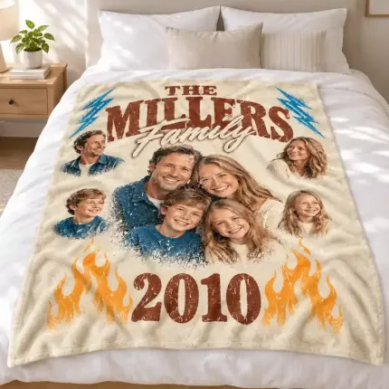 Custom Family Bootleg Fleece Blanket with Your Photos, Personalized Family Photo Collage Throw, 90s Rap Tee Style Family Blanket | Trinmama image 3