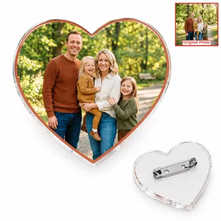 Family Gift - Custom Family Photo Acrylic Pin & Keychain, Personalized Heart Photo Badge with Pin Back or Key Ring, Custom Family Photo Gift image 1