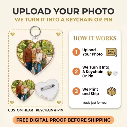 Family Gift - Custom Family Photo Acrylic Pin & Keychain, Personalized Heart Photo Badge with Pin Back or Key Ring, Custom Family Photo Gift image 5