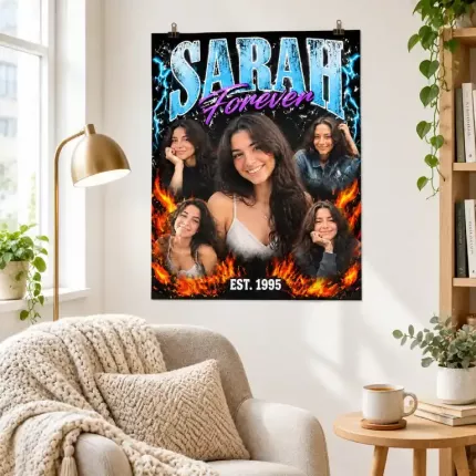Custom Bootleg Wall Art Print with Your Photo, Personalized Name Poster, 90s Rap Tee Style Name Wall Art, Ice Blue Vintage Lettering Print | Trinmama image 3