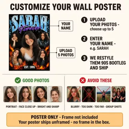 Custom Bootleg Wall Art Print with Your Photo, Personalized Name Poster, 90s Rap Tee Style Name Wall Art, Ice Blue Vintage Lettering Print | Trinmama image 4