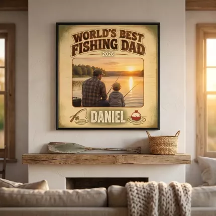 Fishing Lover Gift - Personalized World's Best Fishing Dad Picture Frame, Custom Dad Photo Name Year Canvas Print, Fishing Wall Art Gift image 2