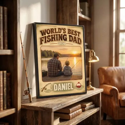 Fishing Lover Gift - Personalized World's Best Fishing Dad Picture Frame, Custom Dad Photo Name Year Canvas Print, Fishing Wall Art Gift image 3