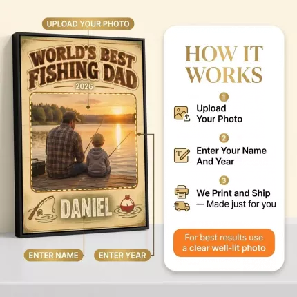 Fishing Lover Gift - Personalized World's Best Fishing Dad Picture Frame, Custom Dad Photo Name Year Canvas Print, Fishing Wall Art Gift image 5