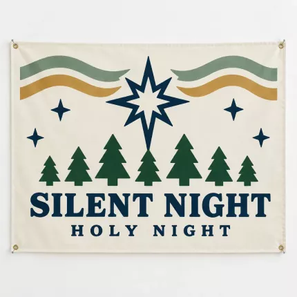 Silent Night Christmas House Flag, Vintage Star of Bethlehem Pine Forest Holiday Wall Decor Banner image 1