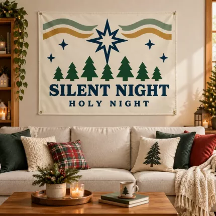 Silent Night Christmas House Flag, Vintage Star of Bethlehem Pine Forest Holiday Wall Decor Banner image 2