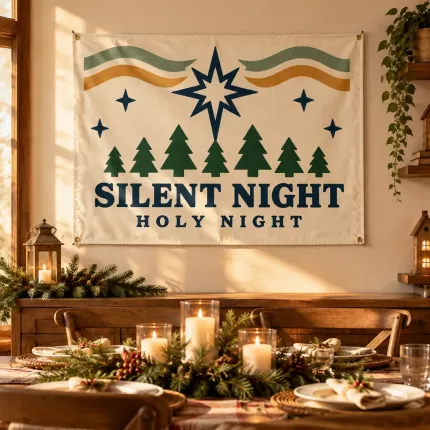 Silent Night Christmas House Flag, Vintage Star of Bethlehem Pine Forest Holiday Wall Decor Banner image 3