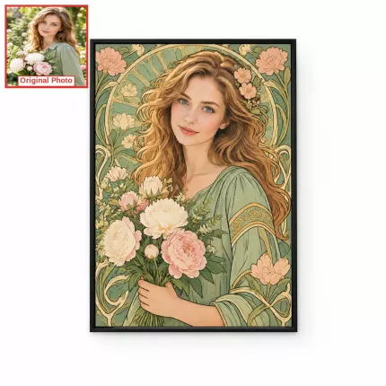 Custom Art Nouveau Picture Frame, Personalized Photo to Art Nouveau Portrait Canvas Print, Mucha Style Floral Wall Art Gift | Trinmama image 1