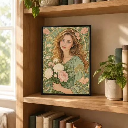 Custom Art Nouveau Picture Frame, Personalized Photo to Art Nouveau Portrait Canvas Print, Mucha Style Floral Wall Art Gift | Trinmama image 3