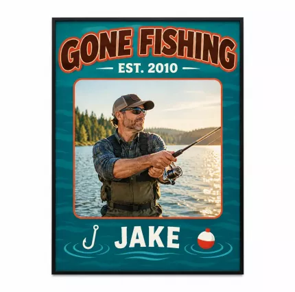 Personalized Gone Fishing Picture Frame, Custom Angler Photo Name Year Canvas Print, Fishing Wall Art Gift
