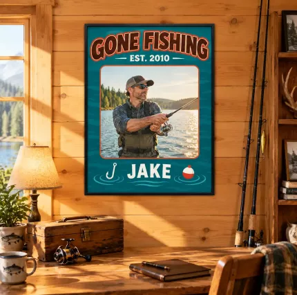 Personalized Gone Fishing Picture Frame, Custom Angler Photo Name Year Canvas Print, Fishing Wall Art Gift image 2