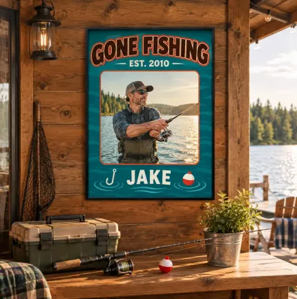 Personalized Gone Fishing Picture Frame, Custom Angler Photo Name Year Canvas Print, Fishing Wall Art Gift image 3