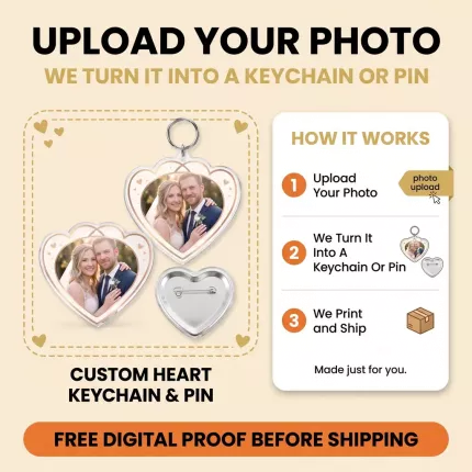 Anniversary Gift For Couples - Custom Wedding Photo Acrylic Pin & Keychain, Personalized Heart Photo Badge with Pin Back or Key Ring, Custom Couple Photo Gift | Trinmama image 5